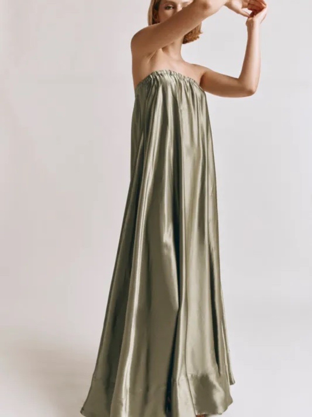 VRG GRL Lenni Strapless Olive Green Satin Maxi Dress